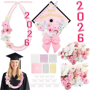 100 count DIY  Graduation Leis and Cap Decorations Kit 55''Double Braided Graduation Ribbon Lei Artificial Flower  Butterfly Glitter Paper Grad Cap Topper Accessory for 2026 Grad