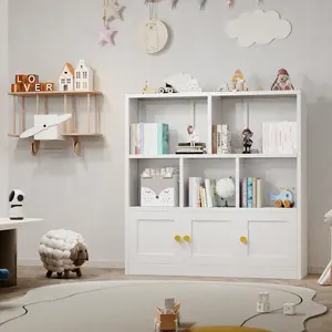 Bookshelf and Toy Storage Organizer with 3 Cabinet and 5 Open Cubbies, Toys Storage Organizer Shelf with Corner Guard,Multifunctional Floor Chest for Playroom and Kid's Room