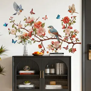 Set of 2 Pcs 30×60cm 2D Flat Birds, Flowers & Branches Decorative Wall Stickers Self-Adhesive for Living Room Bedroom Home Decor Wall Decal Floral Pattern Sticker