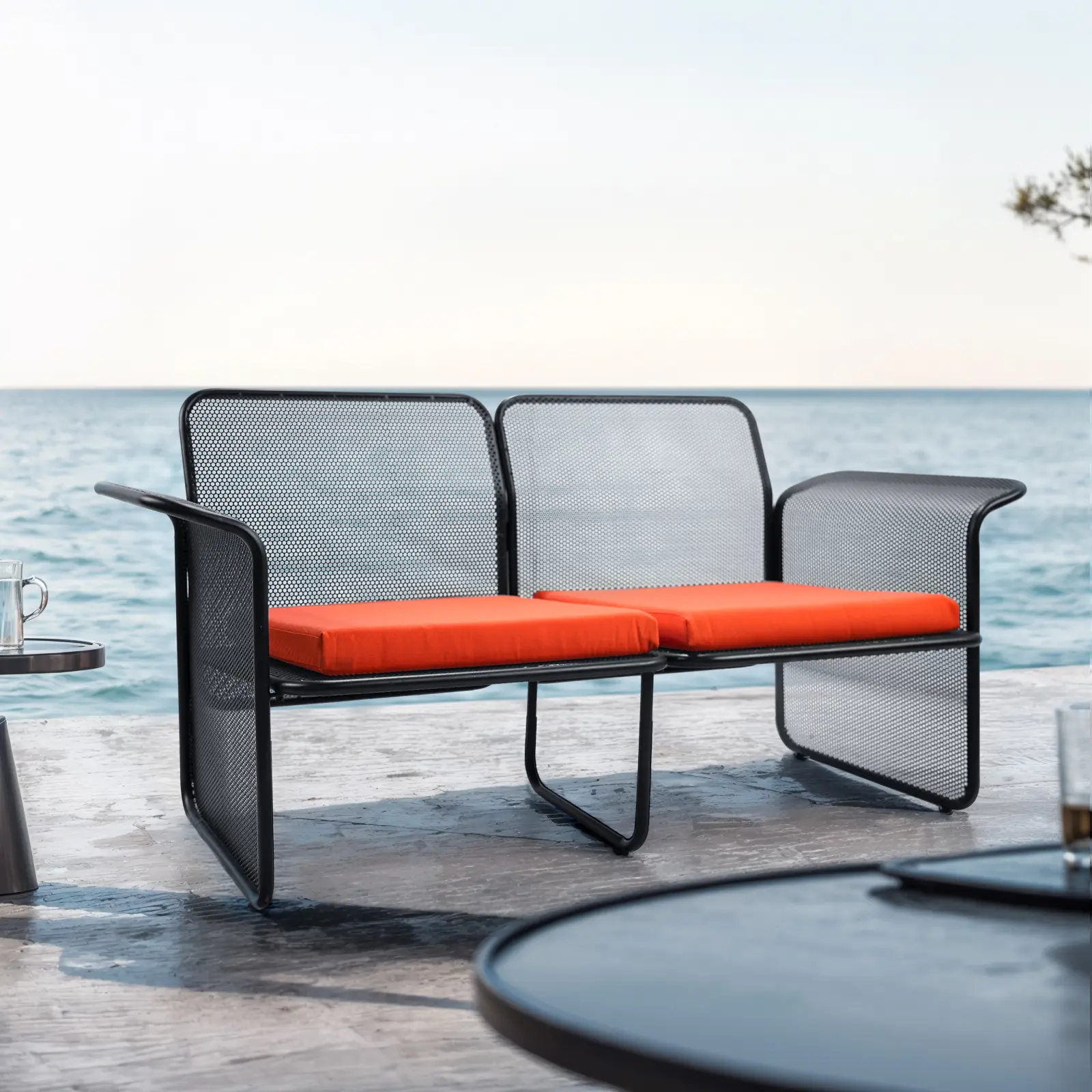 LOKKHAN Outdoor Loveseat, All-Weather Metal Patio Furniture Sofa, 2.36 Inch Thick Waterproof Cushion, 2 Seat Outdoor Couch for Poolside, Courtyard, Backyard, Black Frame Orange Cushion