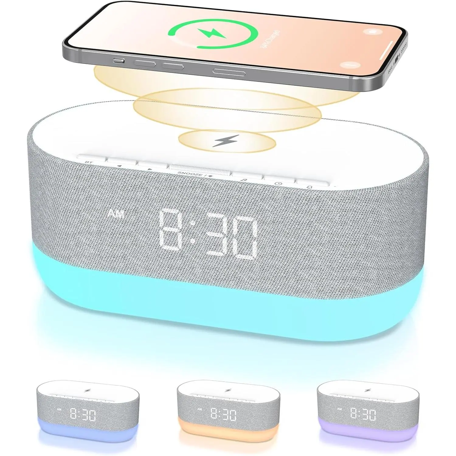 Multifunctional 3-in-1 Digital Clock Sound Machine with Wireless Charger - Bedroom Sleep Improvement Device, Light-Enhanced, Soothing White Noise, Bluetooth Music, Customizable Sleep-Wake Routine, Sound Alarm