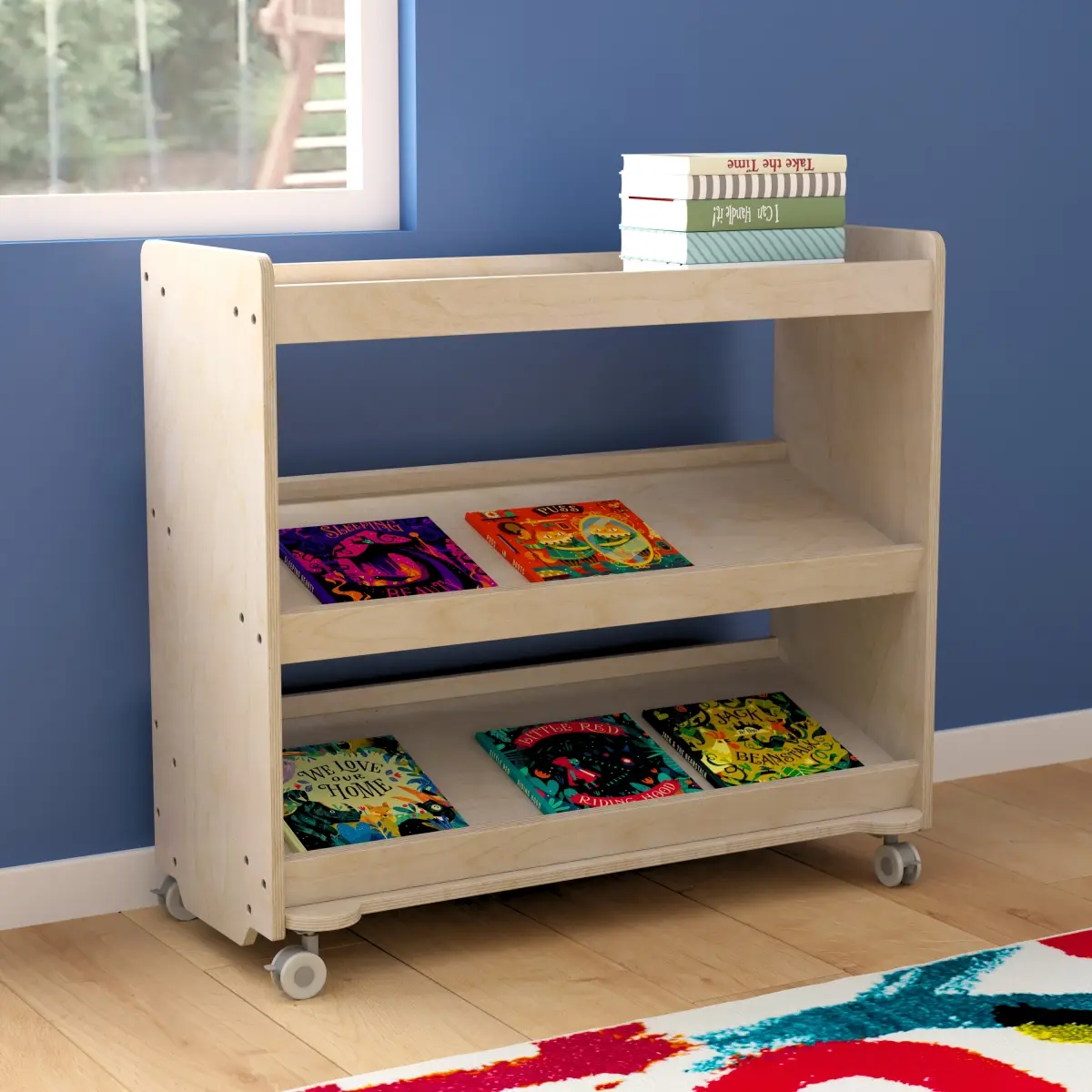 Flash Furniture MK-ME13705-GG Bright Beginnings Commercial Space-Saving Wooden Mobile Classroom Storage Cart with 3 Angled Shelves, Locking Caster Wheels, Kid-Friendly Design, Natural Finish - Home Organizer Racks & Shelf