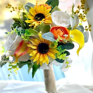 Rustic Sunflower Artificial Bridal Bouquet – Faux Wildflowers, Summer Wedding Bouquet – Vibrant & Handmade