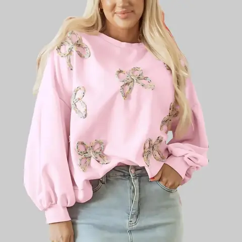 Women's Cotton Blend Crew Neck Hoodie - Loose-Fitting Lantern Sleeve Oversized Casual Pullover with Embroidered Bow Detail, Chic Butterfly & Easter Holiday Top