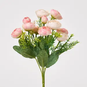 Cream & Light Pink Vintage Ranunculus Bush Faux Floral Stem Bouquet - 12"