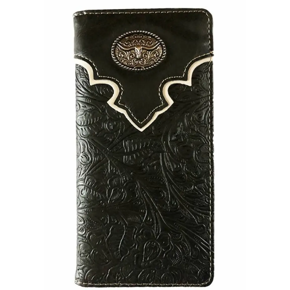 Men's Western Bifold Wallet Black Leather Longhorn Design
