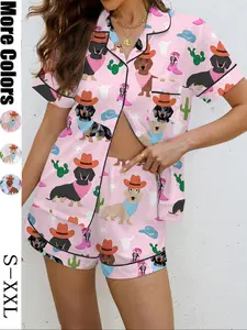 Women's Dog Print Pajama Set, Summer Vacation Casual Outdoor Wear Loungewear, Soft Knit Shirt Collar Top & Elastic Shorts, Comfortable Home Sleepwear