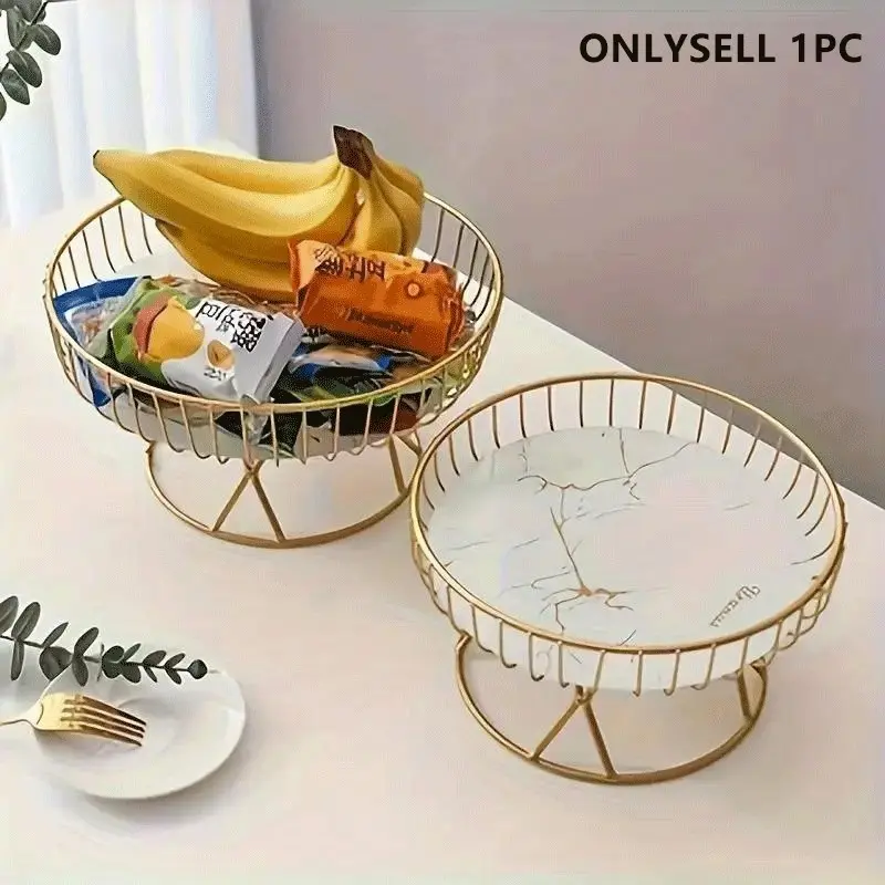 Metal Fruit Bowl with Marble Base, Countertop Fruit Basket, Home Storage Supplies, Hollow Design, for Tabletop Display & Storage in Kitchen, Ideal for Halloween, Christmas Decor, Vegetable Storage Basket, Bottom Foot