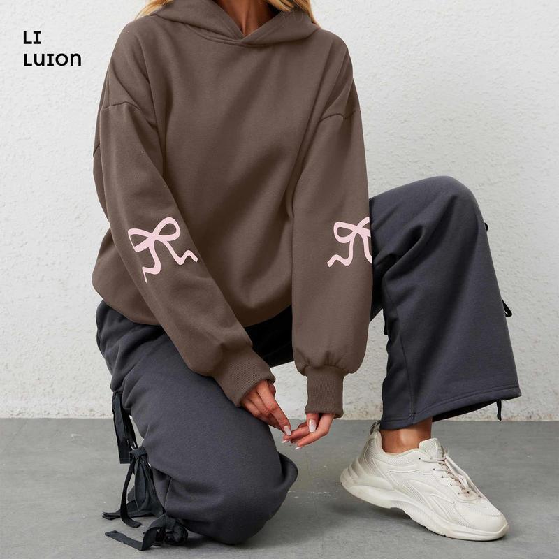 Women's Bow Print Hoodies Oversized Long Sleeve Hooded Sweatshirts Graphic Drop Shoulder Pullover Tops Y2K Clothing