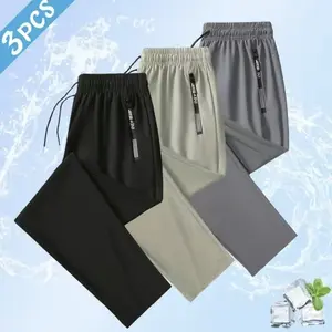 Men’s 3-Pack Lightweight Ice Silk Casual Athletic Pants — Drawstring Waistband, Zipper Pockets, Skin-Friendly and Comfortable, Suitable for Warm Weather and Everyday Wear.