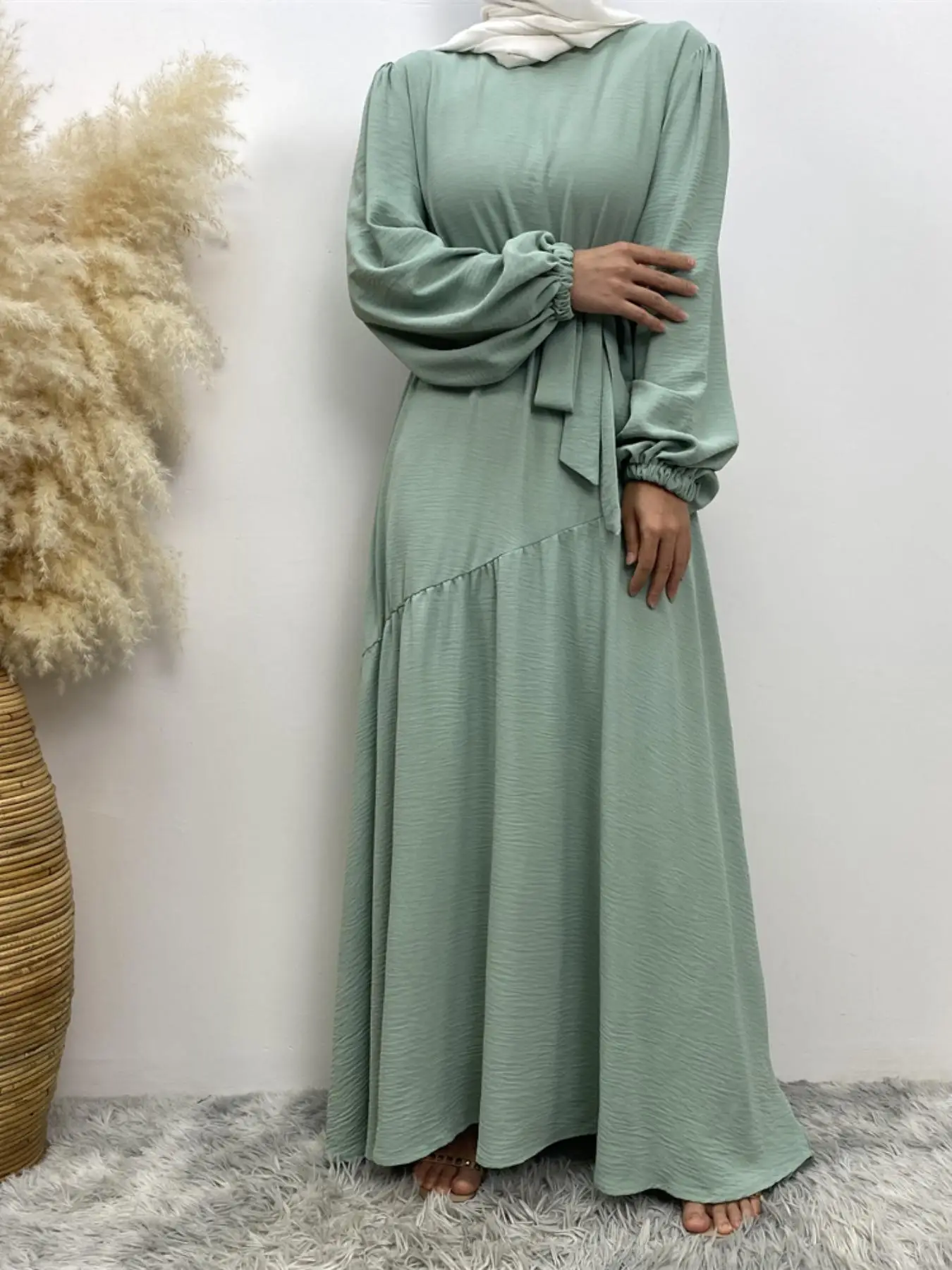 Arabic Clothing-Solid Ruffle Hem Long Sleeve Arabian Dress with Waist Belt, Modest Zipper Back Lantern Sleeve Round Neck Long Dress for Women, Women's