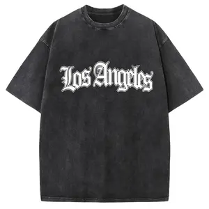 Holafish "LOS ANGELES" Creative Pattern Printing Heavy 230g Pure Cotton Oversized Drop Shoulder T-shirt Washed T-shirt Men's Retro Street T-shirt Basic T-shirt Loose Hip-hop Unisex Top Acid Wash T-shirt