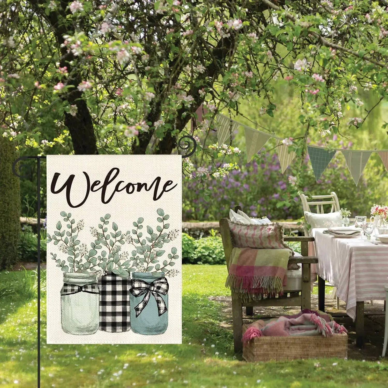 Double-Sided Water Buffalo Grid Welcome Garden Flag for Spring-Summer, Outdoor Home Decoration with Welcoming Vibe