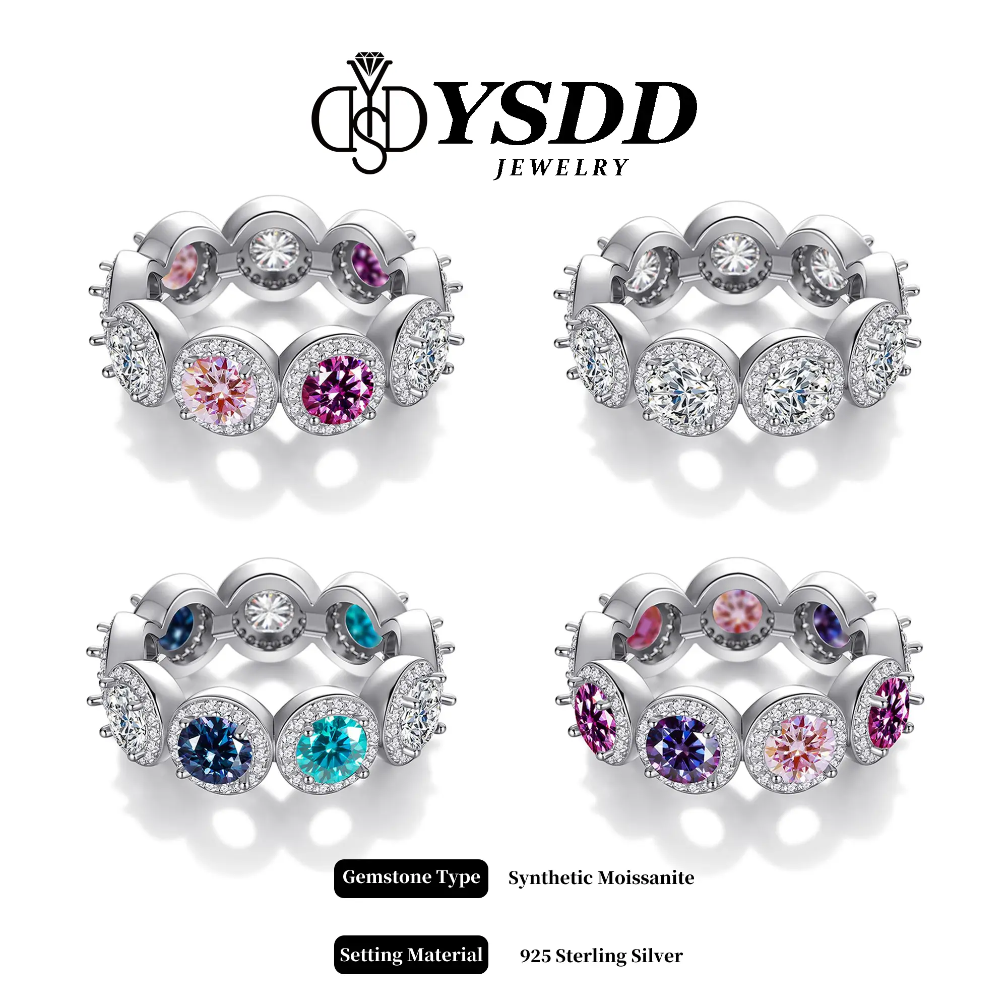 【#416 Popular Eternity Band】5ct Round Halo Eternity Band vvs Synthetic Moissanite Rings in 925 Sterling Silver