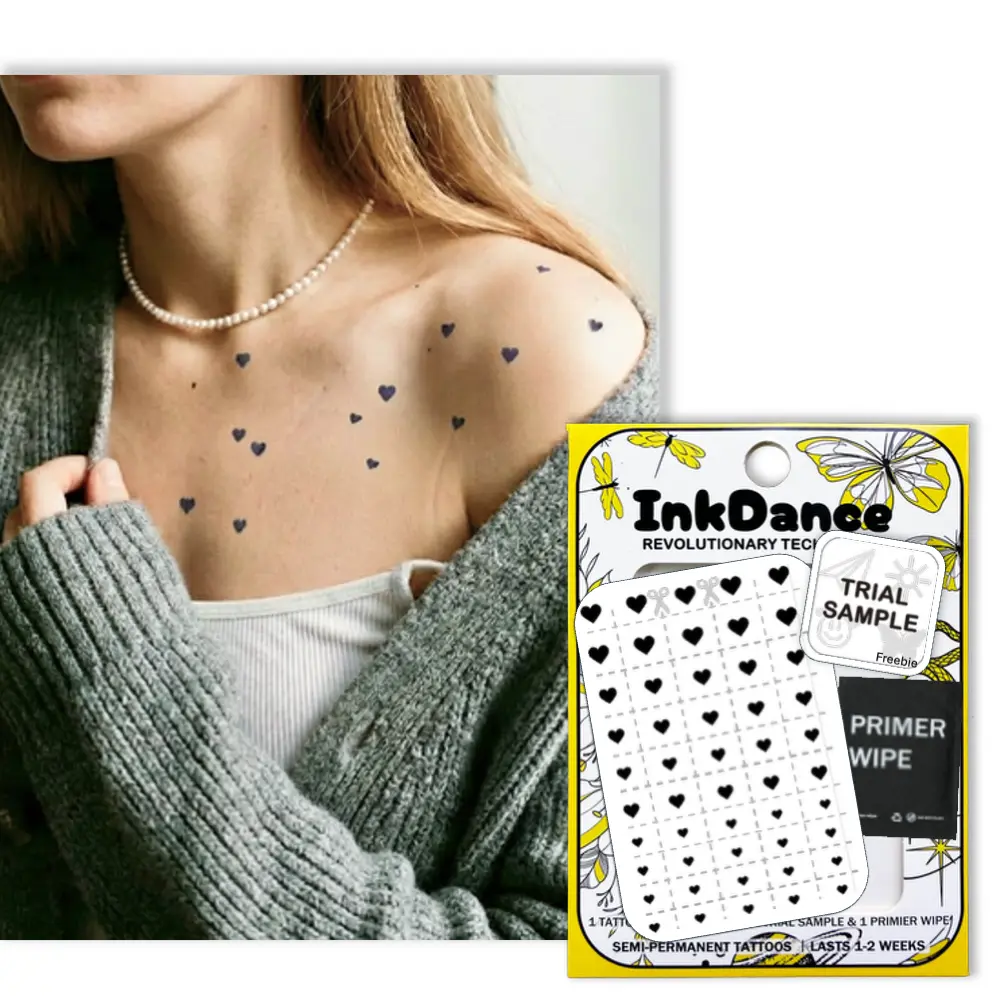 InkDance Semi-Permanent Tattoo, DIY Tiny Heart, Assorted Sizes Minimalist Mini Heart, Long Lasting Temporary Tattoos, Waterproof Plant-Based Ink, Lasts 1-2 Weeks, Color Develops in 24 Hours X014