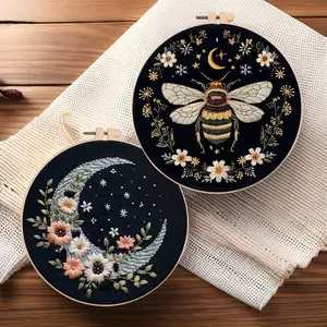 Embroidery DIY Kit with Moon & Bee Designs - Complete Floral Cross-Stitch Kit for Home Decor Crafting - Includes Pre-Printed Fabric Vibrant Threads Needles Scissors Instructions for Adults Kids