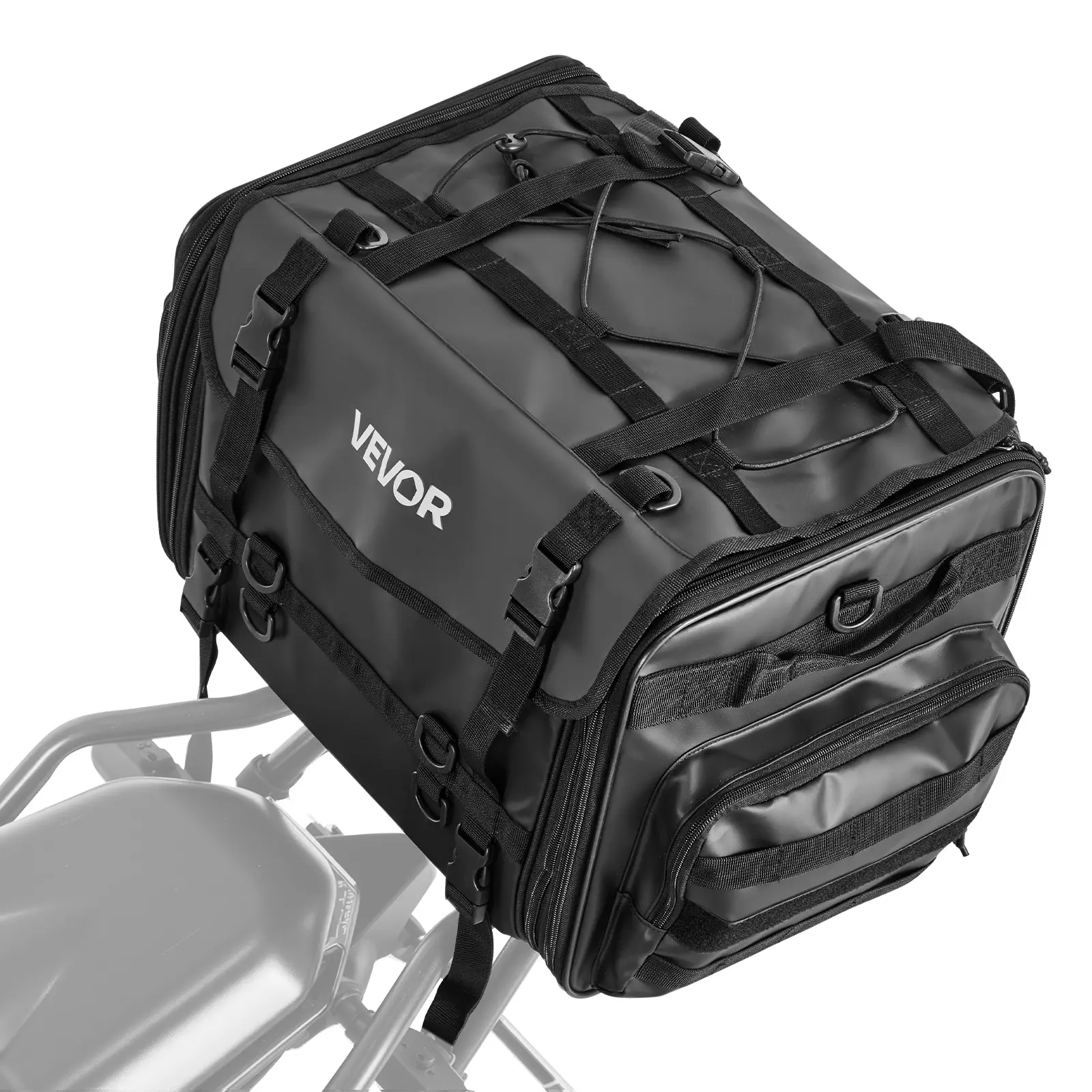 【SummerFinds】VEVOR Motorcycle Tail Bag, 40-60L Expandable Vehicle Rear Seat Luggage with Waterproof Rain Cover, Foldable High-Density Nylon Bag with Shoulder Straps, Pocket, Elastic Cord for Outdoor Sports, Black, Scratch-Resistant, Splash-Resistant