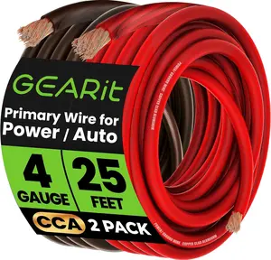 4 Gauge Wire, CCA Electrical Wire Extension Cord for Automotive Power/Ground, Battery Cable, Car Audio, RV, Amp Wiring Kit, (25 Feet Each- Black/Red Translucent)