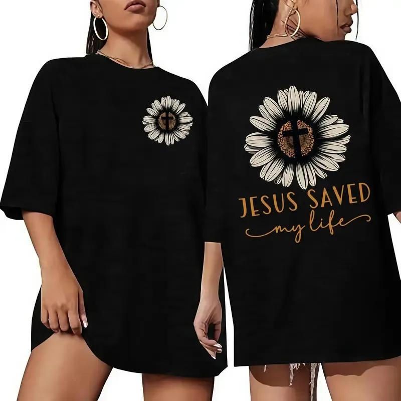 [100% Made in USA – Full Size & Color] Jesus Saved My Life” Sunflower Graphic T-Shirt, Women’s Casual Round Neck Short Sleeve Top, Comfortable Cotton, Fashionable Sporty Tee for Casual Attire
