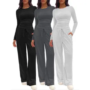 Two-piece Set Women's Solid Ruched Tee & Drawstring Pocket Pants Lounge Set, Casual Long Sleeve T-shirt & Elastic Waist Trousers, Pyjamas for Women, Ladies Sleepwear for All Seasons,  Lounge Tracksuit Women