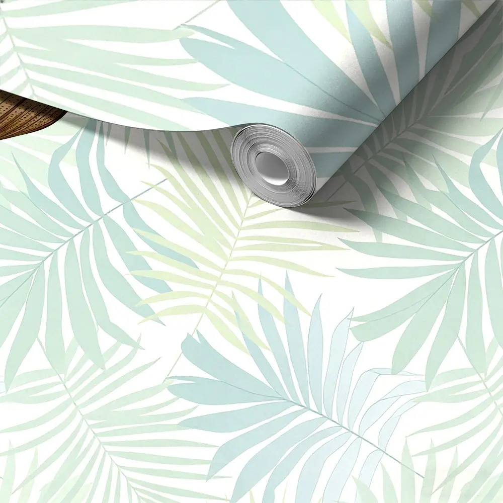 Minimalist Mint Palm Leaf Wallpaper, Peel and Stick, Removable Self-Adhesive, Soft Botanical Decor, Interior Wall, Apartment Makeover