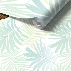 Minimalist Mint Palm Leaf Wallpaper, Peel and Stick, Removable Self-Adhesive, Soft Botanical Decor, Apartment Makeover