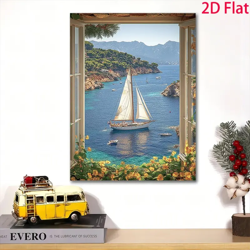 2D Flat Decorative Painting, 1 Piece Wooden Frame Coastal Style Wall Art - Serene Coast Horizontal Surrounding Canvas Art, Ready to Hang, Soothing Waves and Beach Decoration, Suitable for Living Room, Bedroom, Kitchen. Canvas Horizontal Design, Suitable f