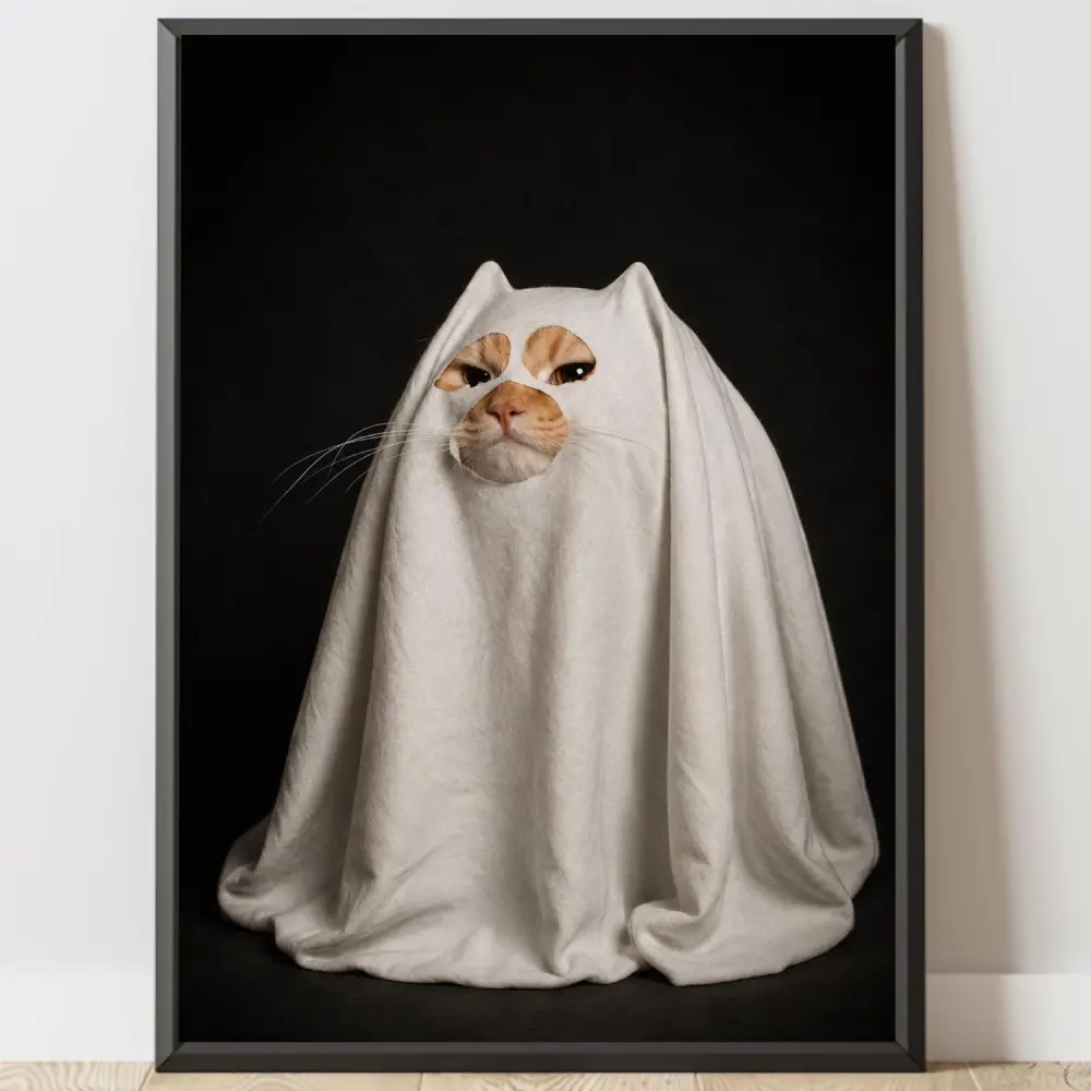 Funny Halloween Cat Wall Art Ghost Cat Print Grumpy Orange Cat Poster Spooky Pet Photography Cat Lover Gift