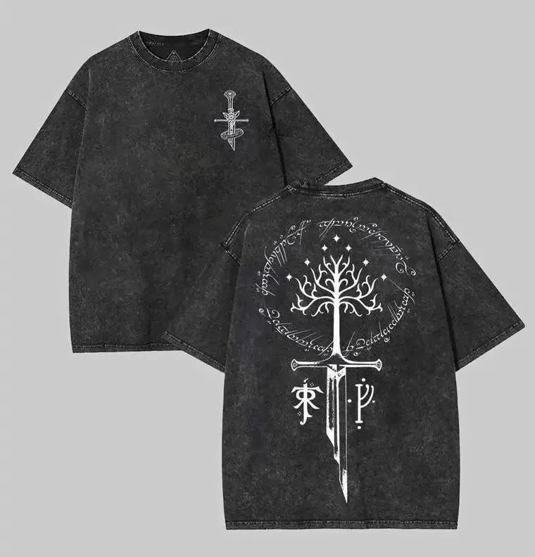 [Fantasy Medieval Streetwear Style] Middle Earth Inspired Vintage Distressed T-Shirt, Retro Fantasy Graphic Tee, Wizard Adventure Streetwear Shirt, Heavy Cotton Casual Apparel, Unisex Fan Gift