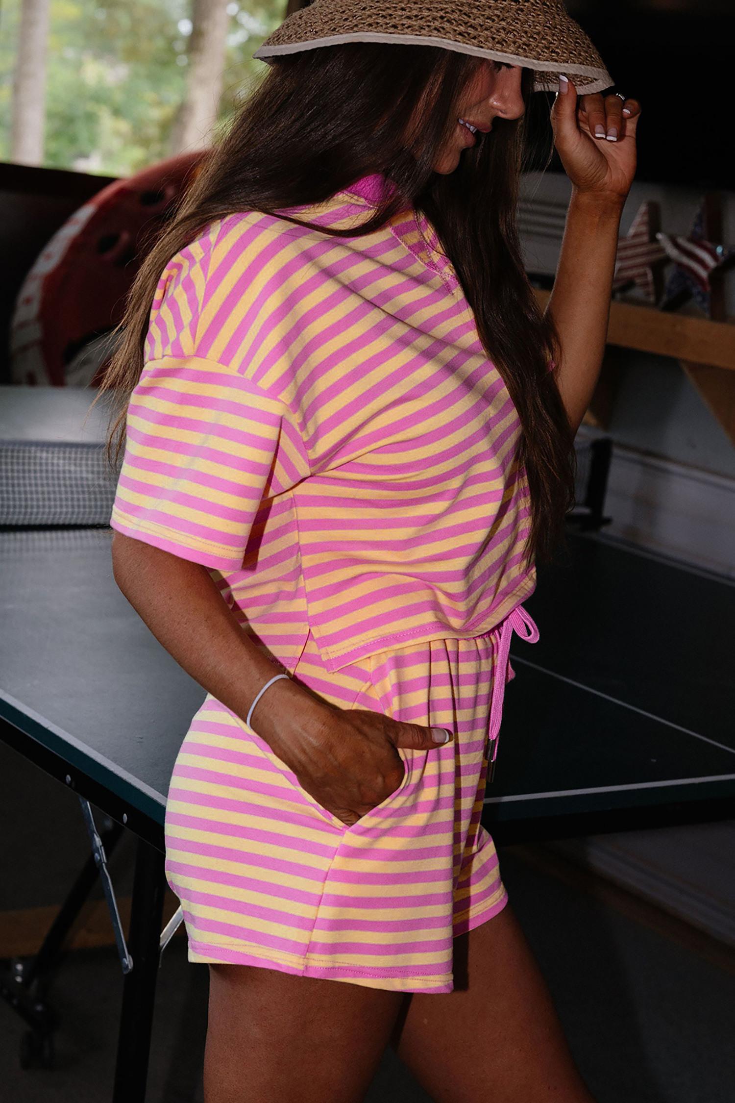 Znacicc Women's Casual Striped Matching Set with Relaxed Boxy Cut Drawstring Waistband Soft Fabric Ideal for Picnics Errands & Relaxing Days Out