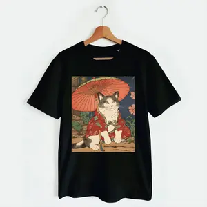 Adorable Geisha Cat With Parasol T-Shirt, Japanese Art Inspired Tee, Retro Ukiyo-e Style Shirt, Unique Cat Lover Gift, Comfortable Everyday Wear