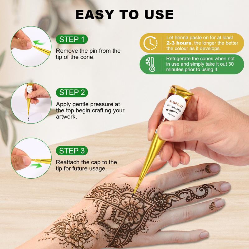 (Pack of 6) 30g-100% Fresh Natural Henna Cones |  Original Henna Blend  | Plant Based Temporary Tattoos |Two Colour Choose | Makeup Cosmetic