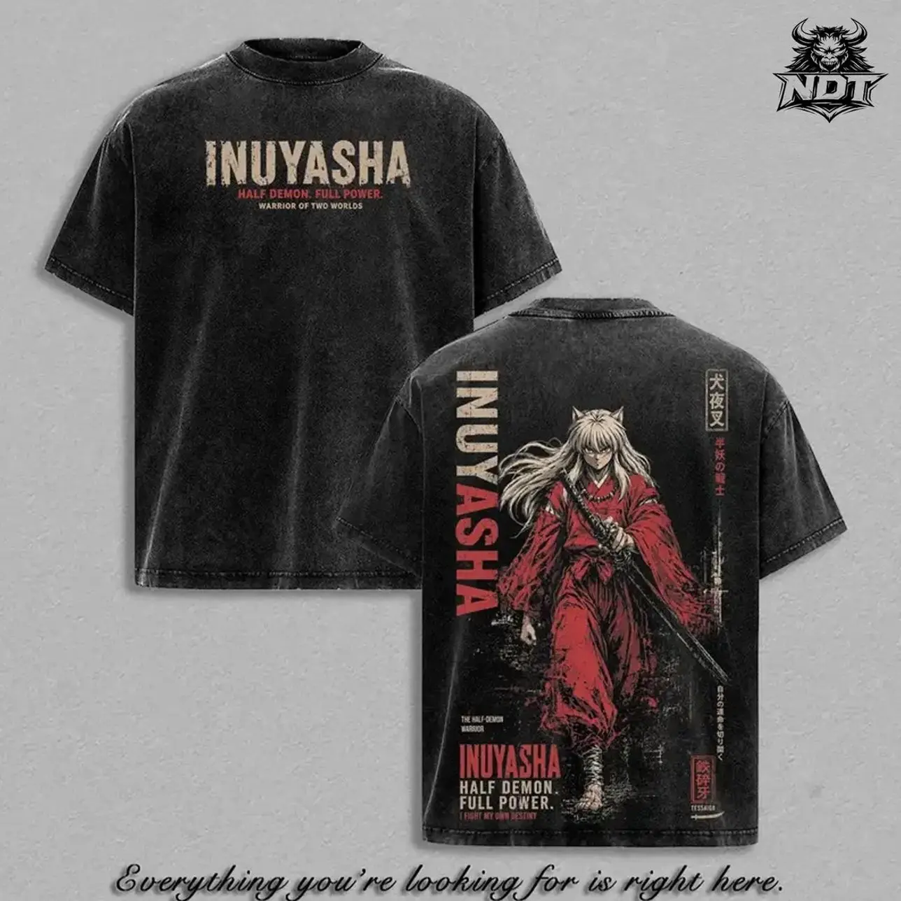 Inuyasha Tessaiga Warrior Vintage Washed Graphic Tee Manga Anime T-Shirt Streetwear Top Apparel Oversized Heavy Cotton Unisex Gift for Classic Anime Fans 8ZN