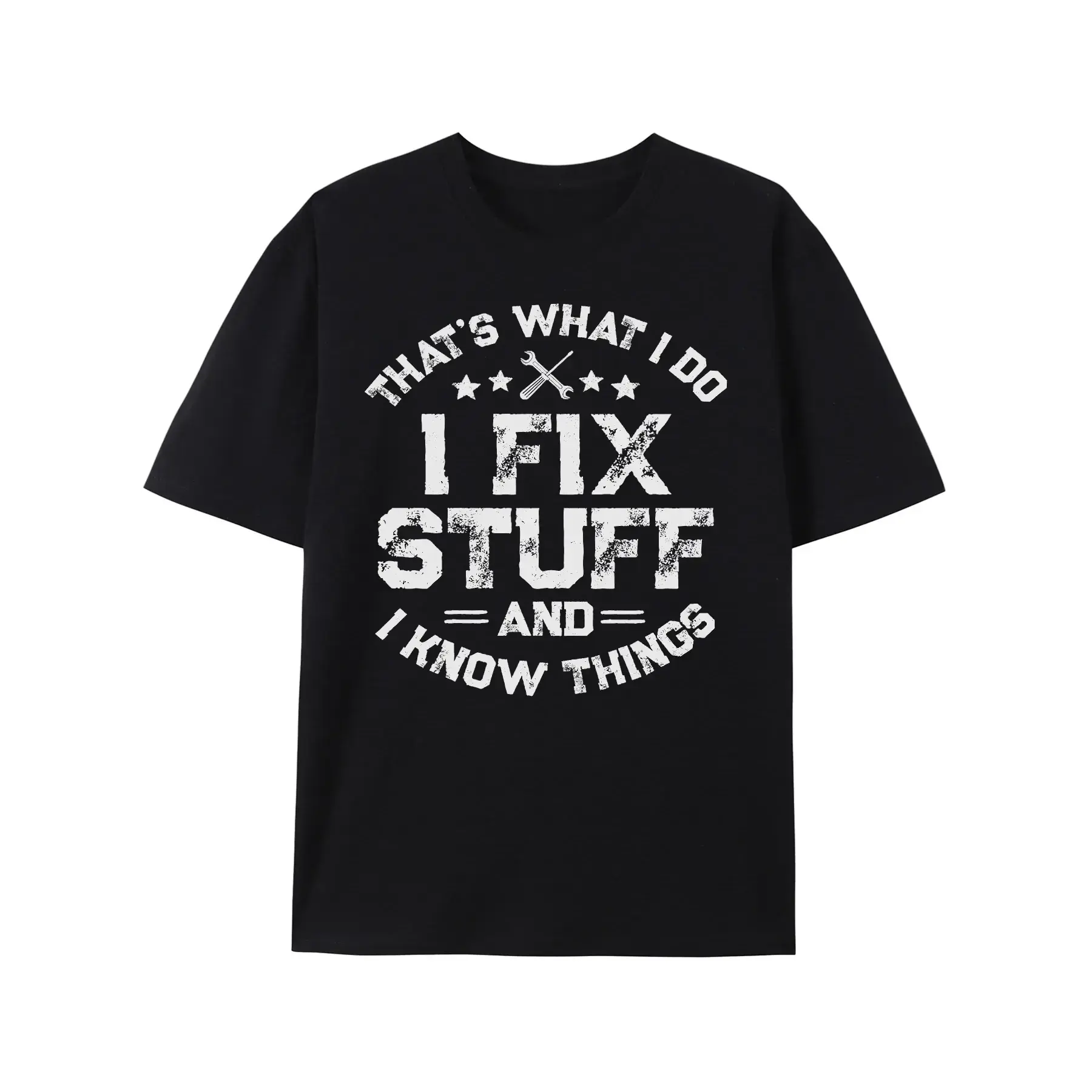 Men's "I Fix Stuff" Graphic T-Shirt - Funny Mechanic Engineer Garage Tee, Black Cotton Casual Round Neck Shirt with White Text & Star Design