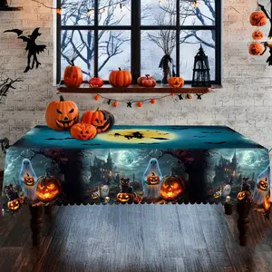 PLUMLIK Dark Blue Halloween Tablecloth with Cute Ghost Pumpkin witch Bat Patterns, Halloween Decor 2025, Day Of The Dead Round Rectangular Table Cloth, Home Party Holiday Indoor Outdoor Table Decor, Halloween Ghost Bonfire Party Decor, Homegoods Halloween