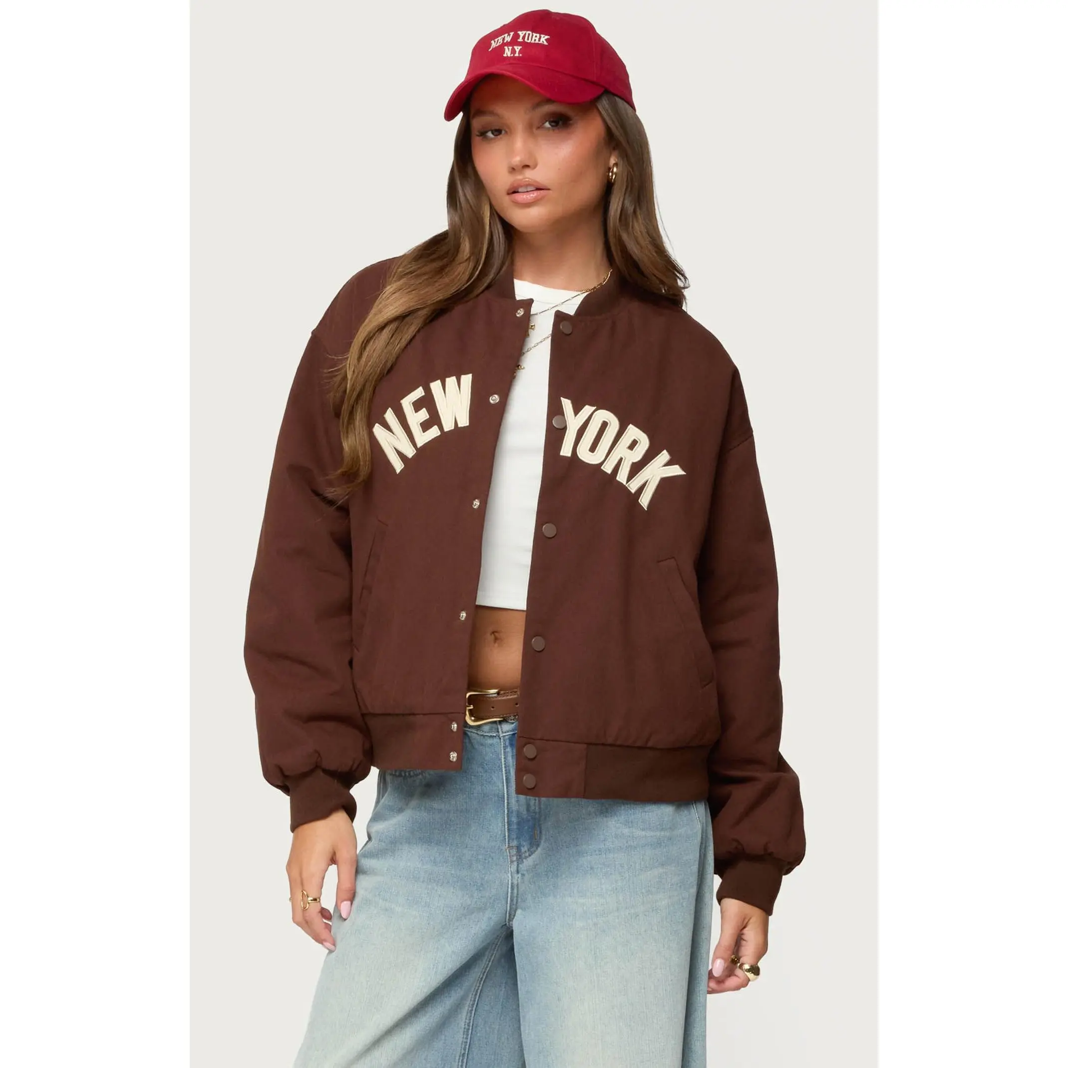 Edikted Women's Big Apple Oversized Bomber Jacket Edikted Women's Big Apple Oversized Bomber Jacket