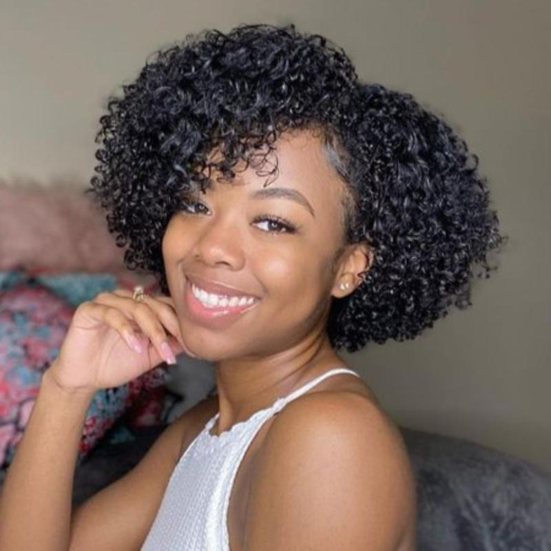 Fashion New 250% density Short Pixie Cut Afro Kinky Curly Bob Wig 4x1 Lace Human Hair Wigs For Women Brazilan Ombre Blonde Highlight Brown Afro Kinky Curly Human Hair Wig With Bangs