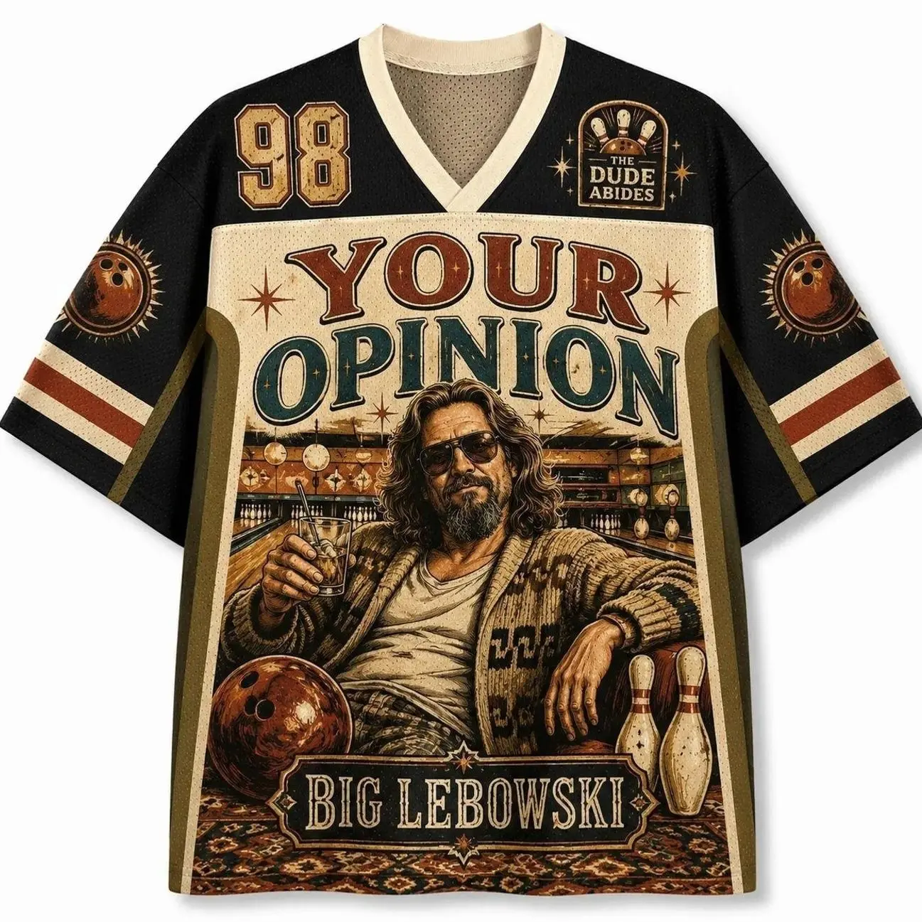 The Dude Abides Bowling Mesh Jersey Shirt, The Big Lebowski Graphic Jersey, Retro Movie Bowling Fan Top, Unisex Cult Film Jersey Gift 283 O27
