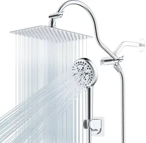 High Pressure Rainfall 10'' Shower Head, CUPC Certified Handheld Showerhead Combo, 12'' Adjustable Shower Extension Arm, 10-Spray, 71'' Hose, Adhesive Showerhead Holder, Chrome