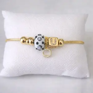 14K Gold Plated  Charm Bracelet  Cord Chain | 2 Different Models: Blue Bead or White & Black Bead | 8 Inches