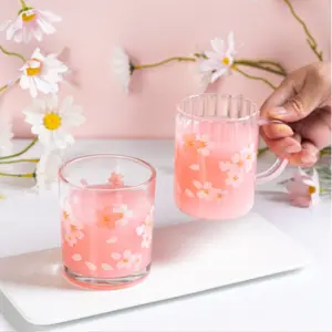 Elegant Glass Water Cup Set, Sakura Blossom Print Design, Perfect for Milk & Juice, High Aesthetic Value, Ideal Home Use