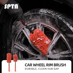 SPTA Car Wheel Brush Set, 2Pcs Microfibre Rim Brush with Extra 2 Large and 2 Small Interchangeable Microfiber Covers, Rim Cleaner Brush for Wheel Cleaning, Wheel Cleaning Brush for All Wheel Types