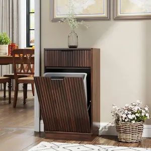 10-Gallon Woodgrain Tilt-Out Trash Can Cabinet Wooden Garbage Recycling Cabinet with Wave-Textured Hideaway Drawer&Pull-Out Bin-Multipurpose Kitchen/Bath Organizer in Walnut Finish