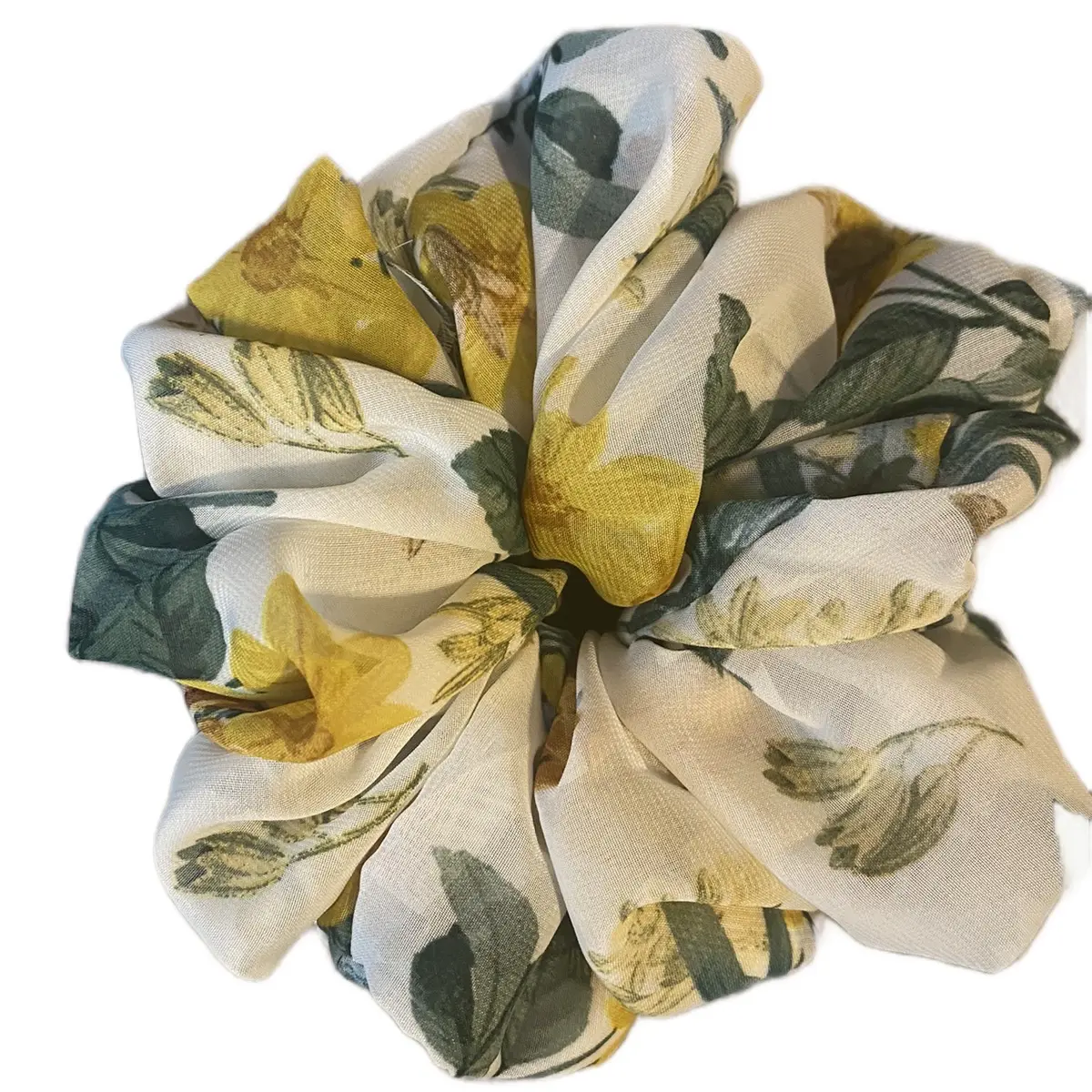 Green Floral Chiffon Scrunchie - Fashion Accessory Hair Tie