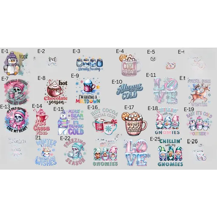 Winter Sarcasm DTF Transfers - Collection E-1 to E-26 Featuring Hot Chocolate, Cold Season, and Gnomes Designs