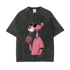 Pink Panther Boba Tea Graphic T-Shirt for Men Women, Retro Cartoon Acid Wash Short Sleeve Crewneck Tee, Cool Sunglasses Panther Nostalgic Cotton Blend Top