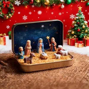Jesus in a Box Iron Case Birth Scene for Christmas Table Decoration, Prayer Scene Jesus Figurine, Lightweight Set for Festive Display
