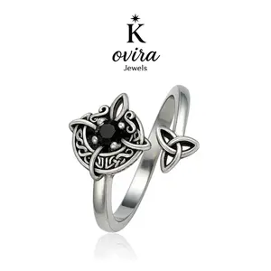 Kovira S925 Sterling Silver Black Obsidian Celtic Witch Knot Adjustable Open Ring For Women - Boho Style, Everyday Wear, Bestie Gift