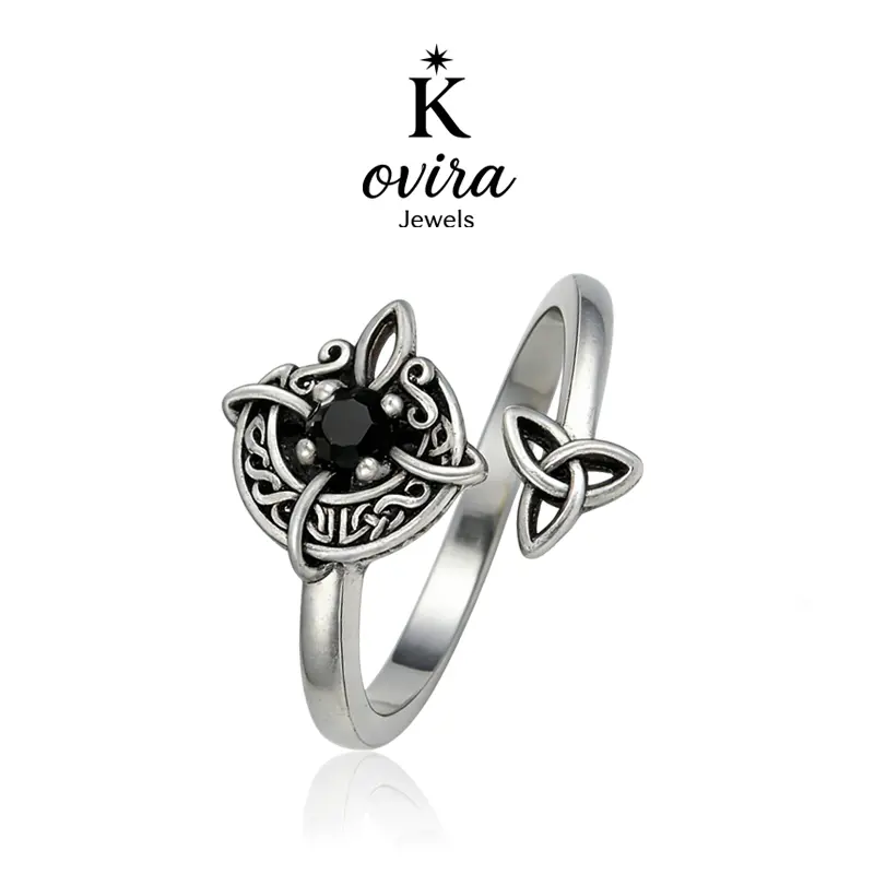 Kovira S925 Sterling Silver Black Obsidian Celtic Witch Knot Adjustable Open Ring For Women - Boho Style, Everyday Wear, Bestie Gift
