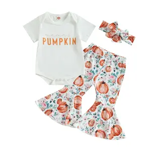 Newborn Baby Girl Halloween Outfit Short Sleeve Letter Romper and Pumpkin Bell Bottom Pants Headband 3Pcs Summer Set